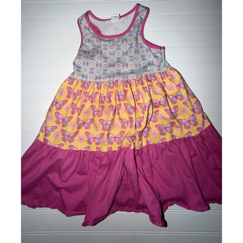Ricrac & Ruffles Girls Butterfly Tiered Racerback Dress Pink Yellow Size 6